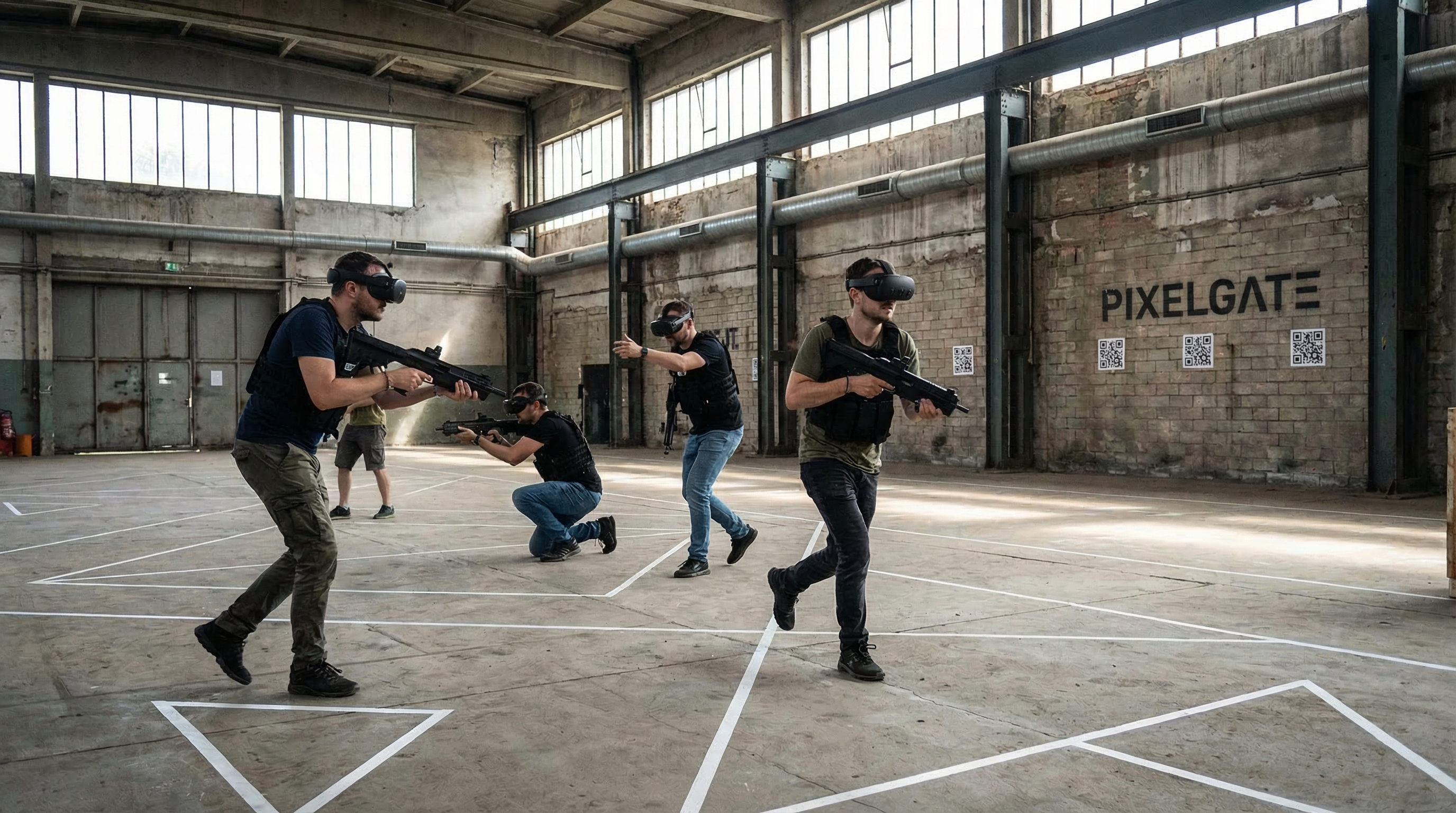Players crouching with VR controllers